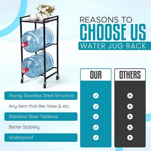 EXOTIC Heavy Duty 5 Gallon Water Jug Holder – 3 Tier 5 Gallon Water Jug Stand with Wheels, Rust-Proof 5 Gallon Water Stand with Top Shelf for Home, Kitchen, Office (Black) in Saudi Arabia