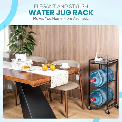 EXOTIC Heavy Duty 5 Gallon Water Jug Holder – 3 Tier 5 Gallon Water Jug Stand with Wheels, Rust-Proof 5 Gallon Water Stand with Top Shelf for Home, Kitchen, Office (Black) in Saudi Arabia