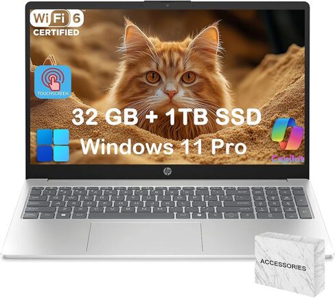 HP 15.6 Touchscreen Laptop Computer for Business & Student, w/Office Lifetime, Intel 13th Gen Core i3(Up to 4.5GHz), HD Touch Display, 64GB RAM, 2TB SSD, AI Copilot, Win 11 Pro, External DVD Drive in Kuwait