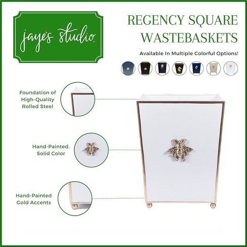 Jaye's Studio Line Line Square Square Wastebasket & Garbage Bin ، صندوق القمامة المعدنية المرسومة باليد لغرفة النوم ، المكتب ، الحمام ، 9 "× 9" × 12 (أبيض ، نحلة ذهبية) in Kuwait