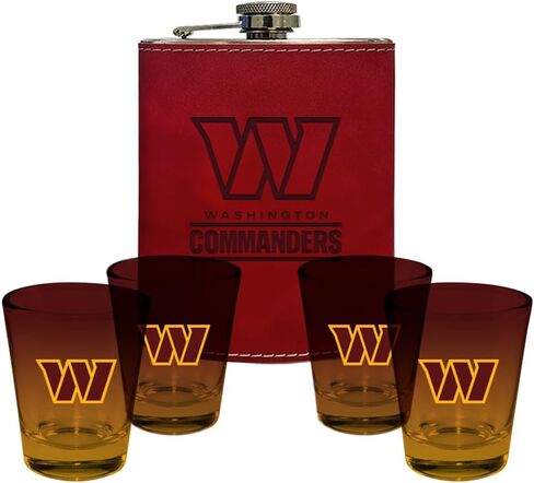 شركة الذاكرة | مرخص في NFL Team Logo Leather Flask مع (4) مجموعة نظارات طلقة OMBRE in Kuwait