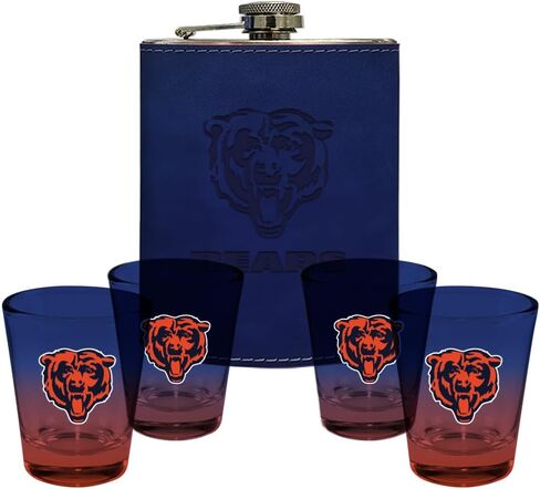 شركة الذاكرة | مرخص في NFL Team Logo Leather Flask مع (4) مجموعة نظارات طلقة OMBRE in Kuwait