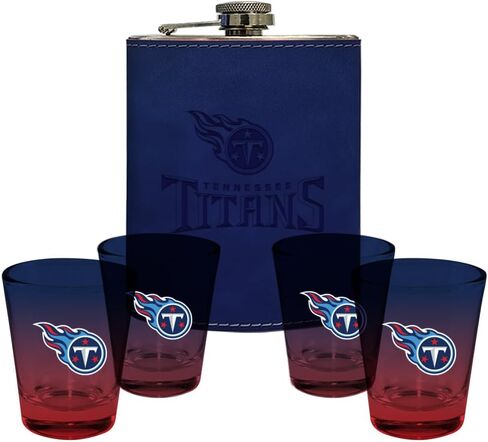 شركة الذاكرة | مرخص في NFL Team Logo Leather Flask مع (4) مجموعة نظارات طلقة OMBRE in Kuwait