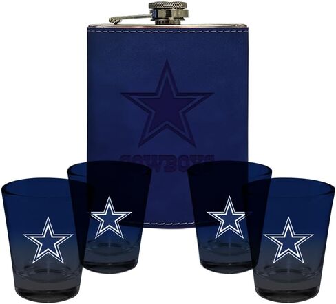 شركة الذاكرة | مرخص في NFL Team Logo Leather Flask مع (4) مجموعة نظارات طلقة OMBRE in Kuwait
