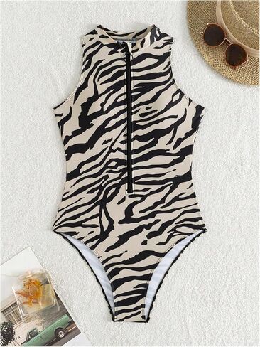 Wdirara Women's One Piece Swimsuit Zebra Pracked Bathing Suits zip الأمامية in Kuwait