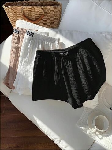 GORGLITTER Women's 3 Pack Linen Shorts Elastic Waist Wide Leg Summer Shorts in Saudi Arabia