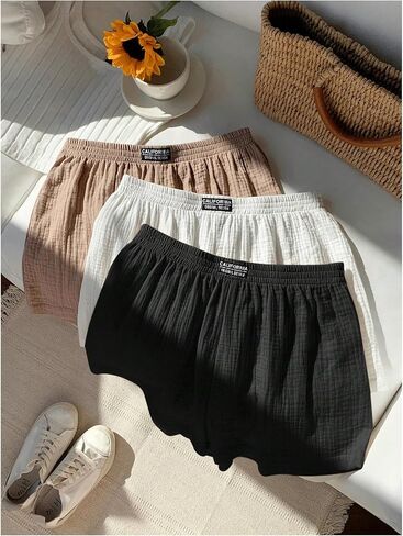 GORGLITTER Women's 3 Pack Linen Shorts Elastic Waist Wide Leg Summer Shorts in Saudi Arabia
