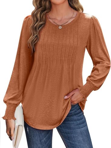Zeagoo Womens Tops Puff Long Sleeve Shirts Dressy Casual Crew Neck Pleated Summer Fall Work Blouses S-3XL in Saudi Arabia