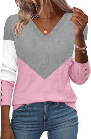 Zeagoo Womens V Neck Sweaters Shirts Long Sleeve Lightweight Ribbed Knit Pullover Sweater Blouse Tops with Buttons Oufits in Saudi Arabia