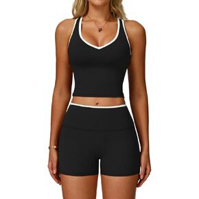 Women 2 Piece Workout Sets Racerback Color Block Tank Top High Waist Tummy Control Shorts Yoga Outfits in Saudi Arabia