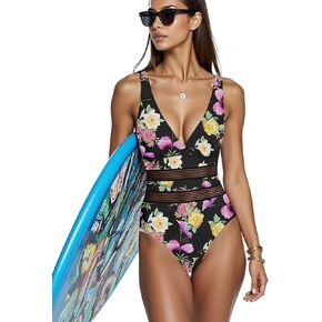 Jusfitsu Women's One Piece Swimsuits Tummy Control V Neck Bathing Suit for Women Sexy Mesh High Waisted Swimwear in Kuwait
