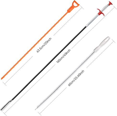 63 Inch Long Stainless Steel Drain Clog Remover (1pcs), 25 inch Drain Snake Hair Remover (6pcs) ＆23.6 inch Cleaning Brush (2pcs) Tool Set for Toilet, Kitchen Sink, Bathroom Tub, Sewer, 9, Pieces Set in Saudi Arabia