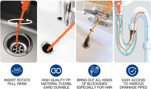 63 Inch Long Stainless Steel Drain Clog Remover (1pcs), 25 inch Drain Snake Hair Remover (6pcs) ＆23.6 inch Cleaning Brush (2pcs) Tool Set for Toilet, Kitchen Sink, Bathroom Tub, Sewer, 9, Pieces Set in Saudi Arabia