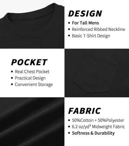 Idtswch Mens Tall Heavyweight T-Shirt Short Sleeve Shirt Chest Pocket & Reinforced Ribbed Collar Work Basic Tee in Kuwait