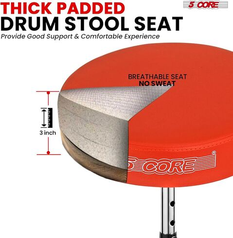 5 CORE Drum Throne 3 Inch Thick Padded Comfortable Guitar Stool Double Braced Drummer Chair Height Adjustable Musician Seat for Adults and Kids Red - DS CH RED in Saudi Arabia