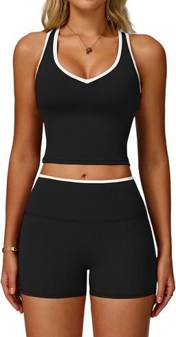 Women 2 Piece Workout Sets Racerback Color Block Tank Top High Waist Tummy Control Shorts Yoga Outfits in Saudi Arabia
