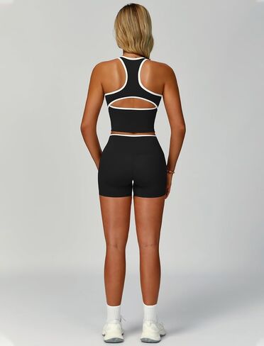 Women 2 Piece Workout Sets Racerback Color Block Tank Top High Waist Tummy Control Shorts Yoga Outfits in Saudi Arabia