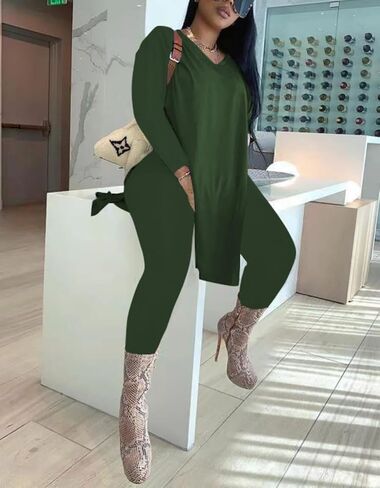 HBQ Womens 2 Piece Outfits Tracksuits Long Sleeve Tunic Tops Bodycon High Waist Leggings Pants in Kuwait