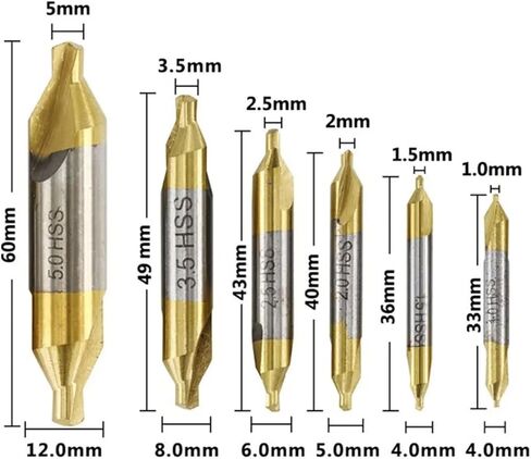 Center Drill Bits Set 60-Degree Angle Center Drill Bits Kit Countersink Tools 1/1.5/2/2.5/3.5/5 6Pcs(Yellow) in Saudi Arabia