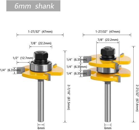 Tongue and Groove Router Bit Set 3 Teeth T Shape 2Pcs(6MM Shank) in Saudi Arabia