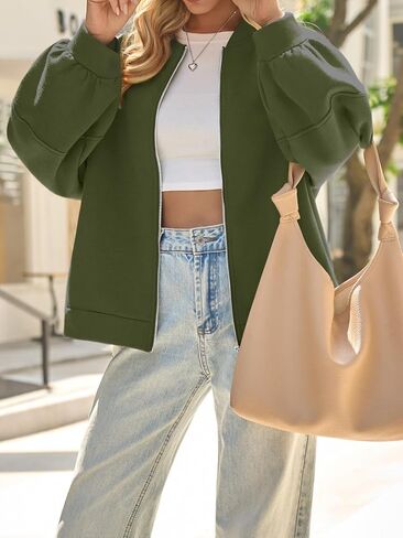Fisoew Womens Full Zip Up Sweatshirt Jackets Casual Fleece Long Sleeve Loose Warm Bomber Jacket Coats Fall Outfits in Saudi Arabia