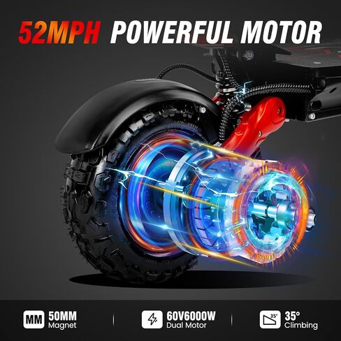 Electric Scooter with Seat for Adults, 60V 6000W Electric Scooters Adult 52mph with 1440WH Battery, Up to 50Miles Long Range, Dual Motor 11" Tubeless Off-Road Folding E-Scooter for Adults in Saudi Arabia