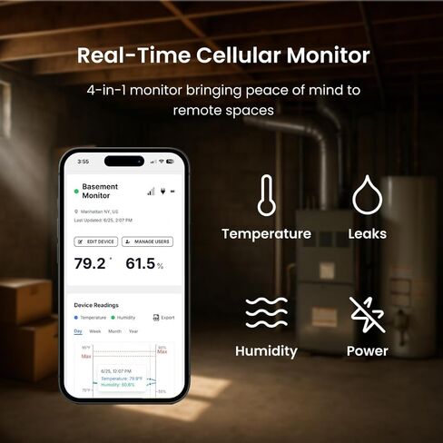 Hygge Cellular Temperature Monitor for RV, Home, Camper & Server Room| 24/7 Remote Monitoring with Power Outage Alert, Humidity & Freeze Sensor | 1 Year Subscription Included in Saudi Arabia