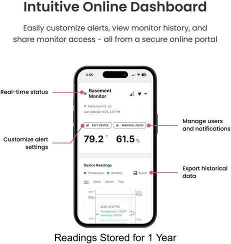 Hygge Cellular Temperature Monitor for RV, Home, Camper & Server Room| 24/7 Remote Monitoring with Power Outage Alert, Humidity & Freeze Sensor | 1 Year Subscription Included in Saudi Arabia