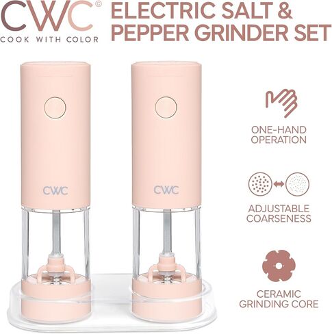 COOK WITH COLOR Set Of 2 Electric Salt And Pepper Grinder Set, Pepper Mill Shakers, Automatic Adjustable Coarseness, For Peppercorns, Spices, Battery, Led Light, 6.3" x 3" x 7.7", Dusty Rose in Kuwait