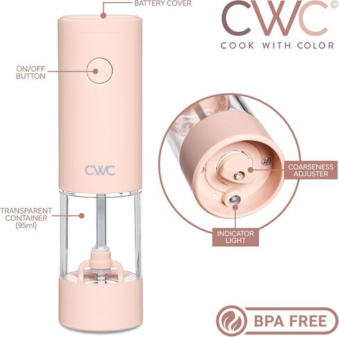 COOK WITH COLOR Set Of 2 Electric Salt And Pepper Grinder Set, Pepper Mill Shakers, Automatic Adjustable Coarseness, For Peppercorns, Spices, Battery, Led Light, 6.3" x 3" x 7.7", Dusty Rose in Kuwait