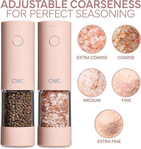 COOK WITH COLOR Set Of 2 Electric Salt And Pepper Grinder Set, Pepper Mill Shakers, Automatic Adjustable Coarseness, For Peppercorns, Spices, Battery, Led Light, 6.3" x 3" x 7.7", Dusty Rose in Kuwait