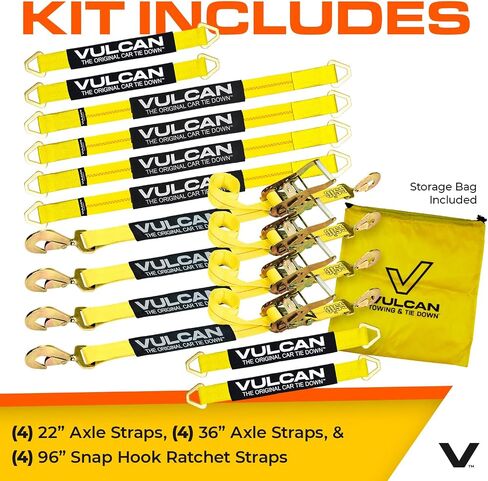 VULCAN Complete Axle Strap Tie Down Kit with Wire Hook Ratchet Straps - Classic Yellow - Includes (4) 22 Inch and (4) 36 Inch Axle Straps, and (4) 15' Wire J Hook Ratchet Straps in Saudi Arabia
