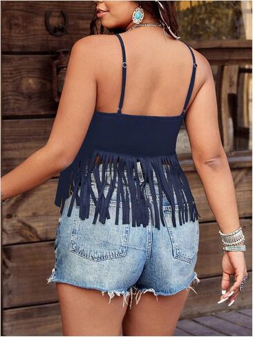 SOLY HUX Women's Plus Size Fringe Studded Western Top Deep V Neck Sleeveless Cowgirl Camisole Tops in Kuwait