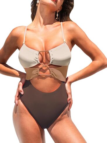 CUPSHE Women's One Piece Swimsuit Scoop Neck Bathing Suit Cutout Color Block Crisscross Back Spaghetti Self Tie in Saudi Arabia