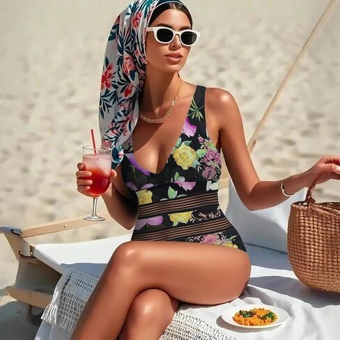 Jusfitsu Women's One Piece Swimsuits Tummy Control v بدلة السباحة الرقبة للنساء مثيرة شبكة مرتفعة in Kuwait