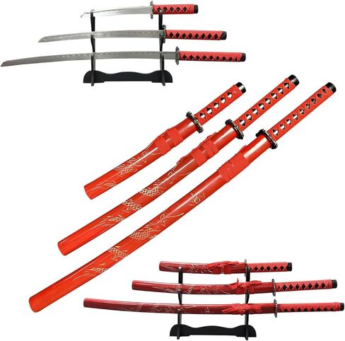 3-Piece Samurai Sword Set, Long, Medium & Short Sizes, Multi-Function Decoration & Training, Made with 1060/1065 Steel, Includes Stand in Saudi Arabia