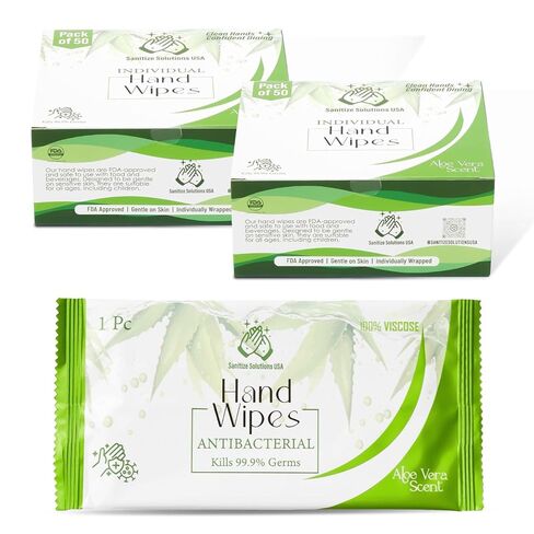 قسط مناديل ملفوفة بشكل فردي - الألوة فيرا | صديق للبيئة ، جاهزة للسفر ، ترطيب (عدد واحد (حزمة 100)) in Kuwait