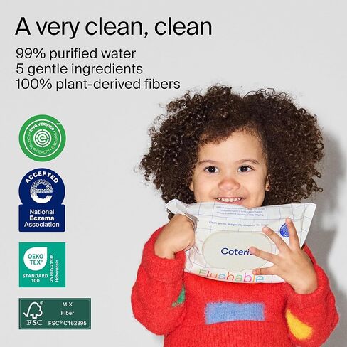 Coterie Flushable Wipes for Sensitive Skin, Hypoallergenic, 99% Water, Plant-Based Fibers, Sewer + Septic Safe to Flush, Fragrance Free Potty Training Toddler Toilet Wipes (8 pack) in Kuwait
