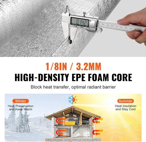 VEVOR Double Reflective Insulation Roll, Foam Core Radiant Barrier, 3.2 mm 48 in x 50 ft, Double-Sided Aluminum Foil EPE Foam Heat Reflective Shield, Thermal Insulation Roll for Window RV Roof in Saudi Arabia