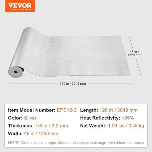 VEVOR Double Reflective Insulation Roll, Foam Core Radiant Barrier, 3.2 mm 48 in x 50 ft, Double-Sided Aluminum Foil EPE Foam Heat Reflective Shield, Thermal Insulation Roll for Window RV Roof in Saudi Arabia