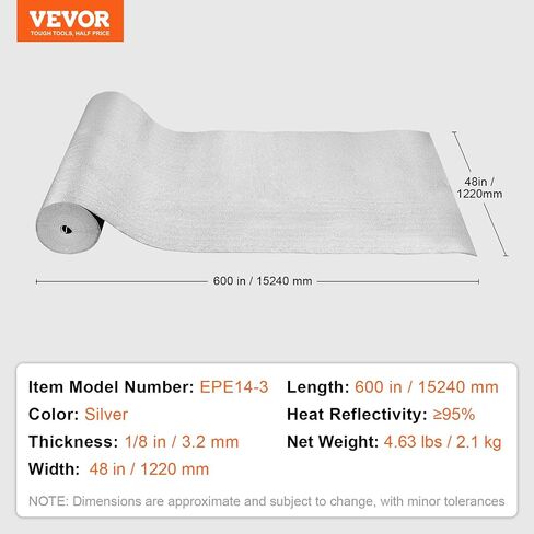 VEVOR Double Reflective Insulation Roll, Foam Core Radiant Barrier, 3.2 mm 48 in x 50 ft, Double-Sided Aluminum Foil EPE Foam Heat Reflective Shield, Thermal Insulation Roll for Window RV Roof in Saudi Arabia