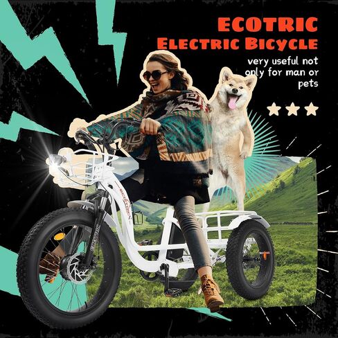 ECOTRIC Electric Tricycle for Adults,Fat Tire 750W 48V 22.4AH Removable Battery, 7 Speeds Adult 3 Wheel Electric Trike with Basket in Saudi Arabia