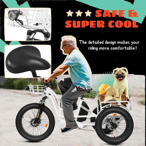 ECOTRIC Electric Tricycle for Adults,Fat Tire 750W 48V 22.4AH Removable Battery, 7 Speeds Adult 3 Wheel Electric Trike with Basket in Saudi Arabia