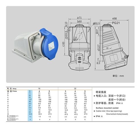Surface Industrial Socket Typr6601 16A 3 Core 230V Connector 16A 6H Female in Saudi Arabia