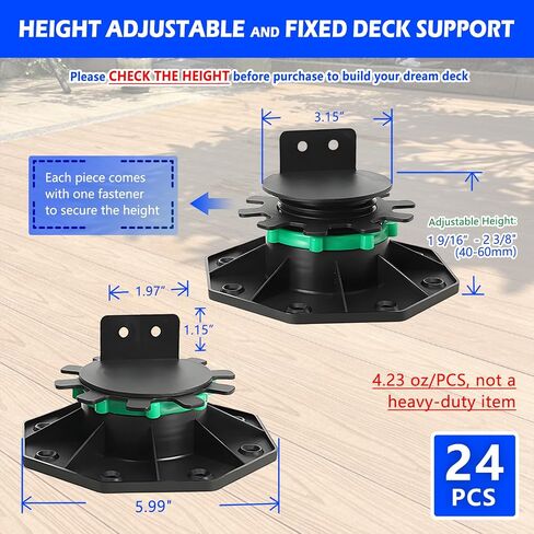 24Pack Upgraded Adjustable Deck Support Pedestal，Deck Foundation Base Support ，Adjustment Raising from 1-9/16" to 2-3/8"，with Fastener Ring for Maximum Stability，Flooring Joist Supports，Black in Saudi Arabia