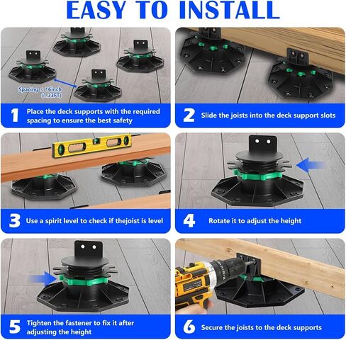 24Pack Upgraded Adjustable Deck Support Pedestal，Deck Foundation Base Support ，Adjustment Raising from 1-9/16" to 2-3/8"，with Fastener Ring for Maximum Stability，Flooring Joist Supports，Black in Saudi Arabia