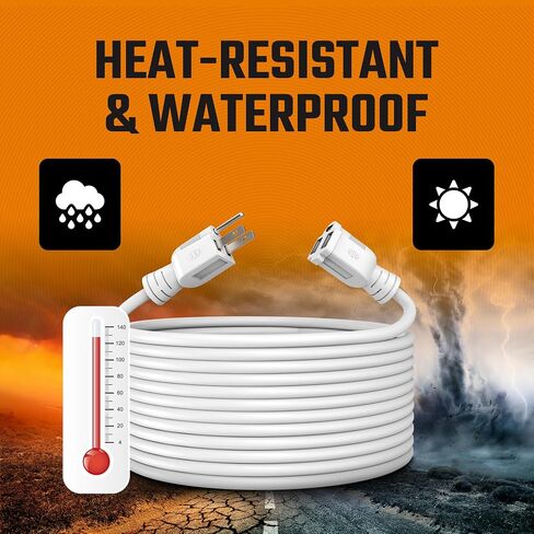 Outdoor Extension Cord Waterproof 10 Ft, White, Indoor, Outdoor Power Cord, Heavy Duty 16/3, Single Outlet, UL Listed, 3-Prong, Grounded Outlet, Extension Wire. in Saudi Arabia