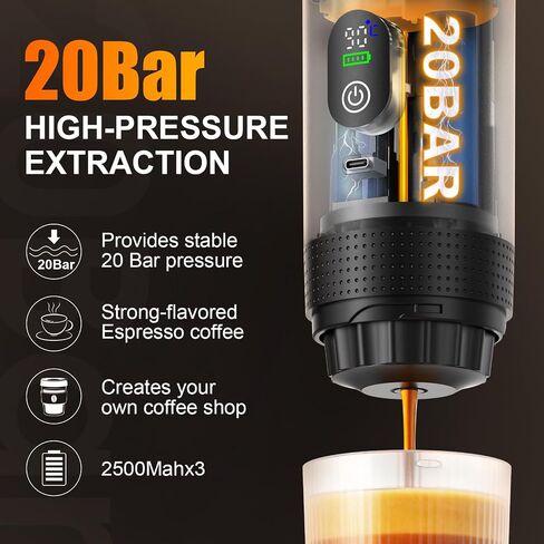 3-in-1 Portable Electric Espresso Machine–20Bar Self‑Heating camping coffee maker with 7500mA Battery,Display,compatible with Large/Small Capsules&Coffee Powder for Travel,Camping,Car&Office in Saudi Arabia