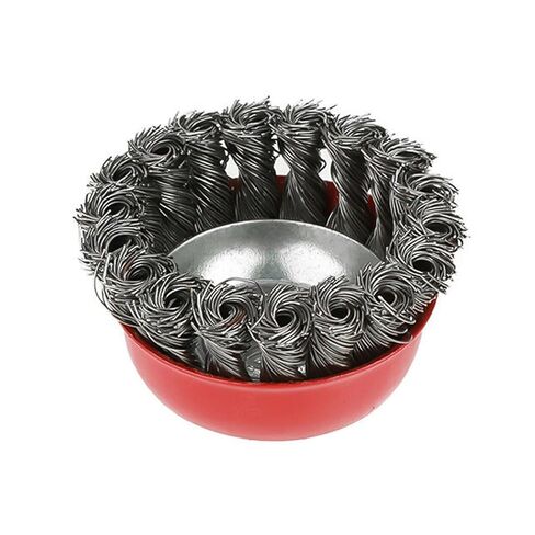 6" x 5/8"-11 Knot Cup Brush, .014 Carbon Steel Wire Corrosion, Rust, Paint, Spatter and Scale Remove Removal red or Blue Color in Saudi Arabia
