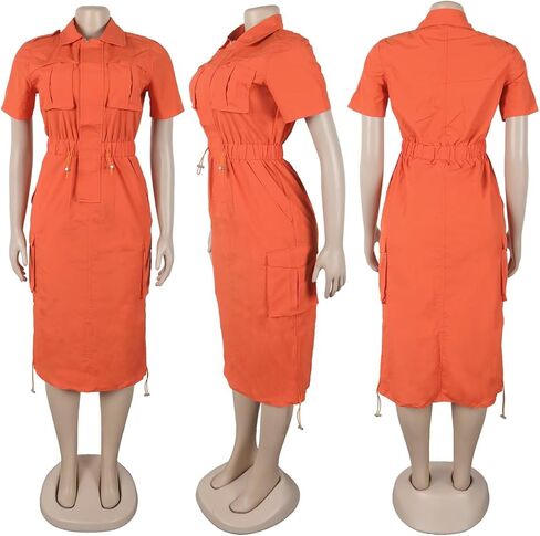 LROSEY Women Y2k Cargo Dress with Pockets Casual Reflective Short Sleeve Zip Up Ruched Drawstring Midi Shirt Dresses Romper in Kuwait